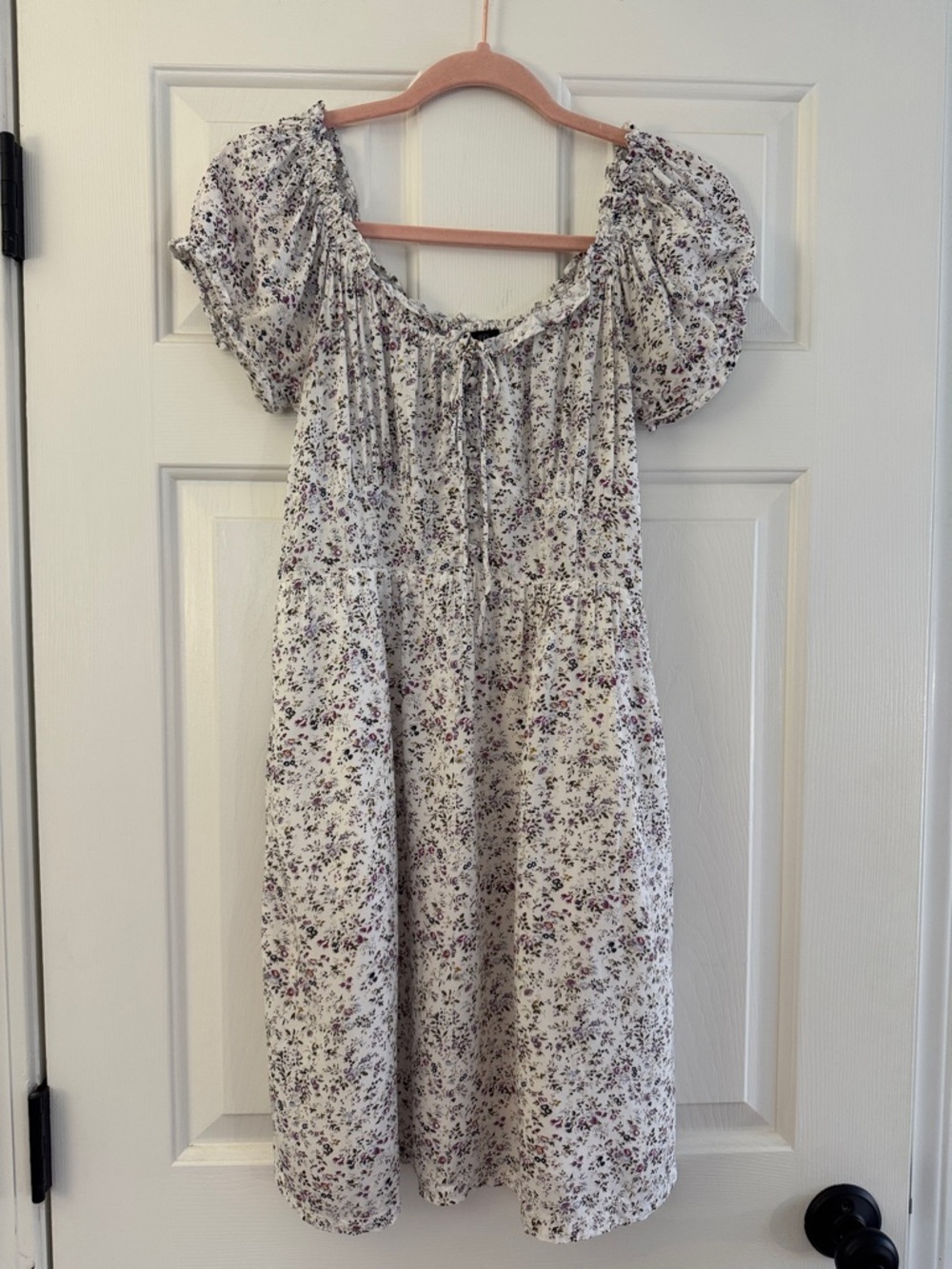 J. Crew White Floral Puff-Sleeve Sundress with Drawstring and pockets